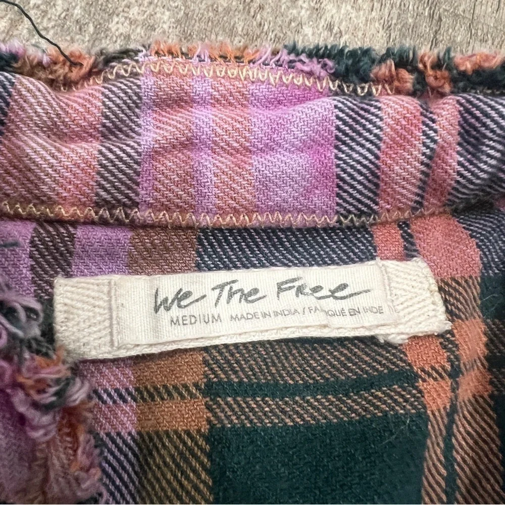 We The Free | Oversized Frayed Plaid Button Up Shirt Pink & Green - Picture 3 of 12